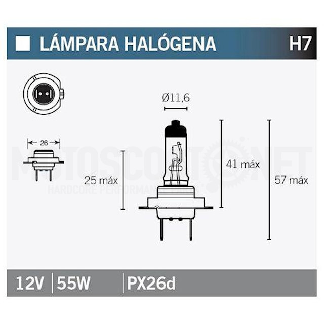 Bombilla halógena PX26d H7 12V 55W Vparts luz blanca ref: 14641