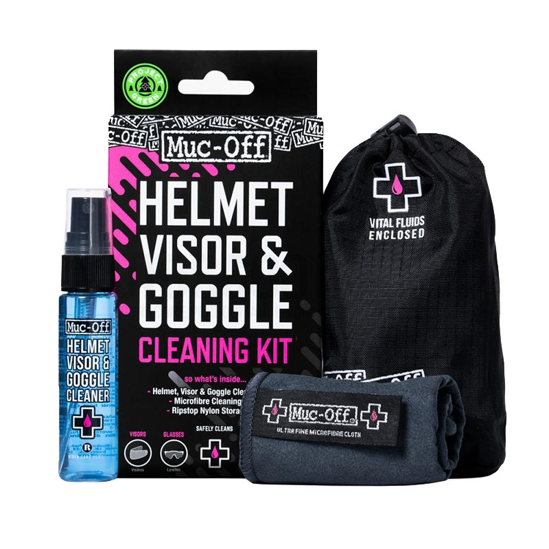 202 Kit de limpieza MUC-OFF para cascos, gafas y pantallas: Spray 35 ml + paño + bolsa transporte
