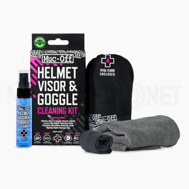 Kit de limpieza MUC-OFF para cascos, gafas y pantallas: Spray 30 ml + paño + bolsa transporte 