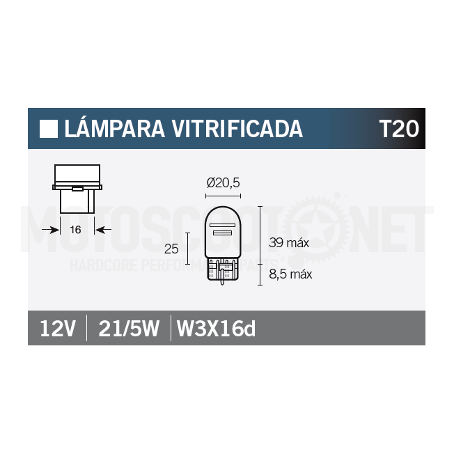 Lâmpada T/20 12V 21/5W W3X16d Vparts